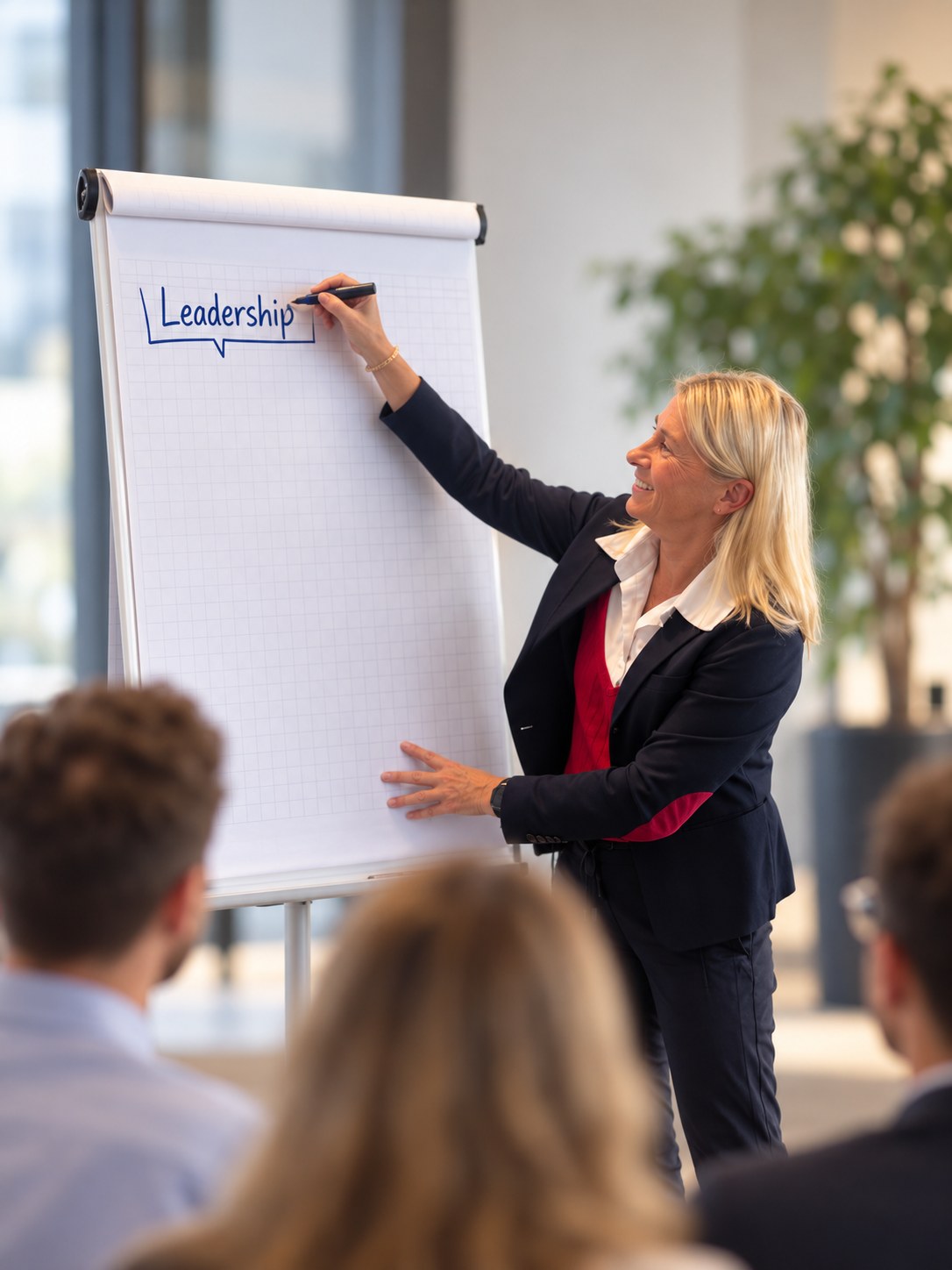 Trainerin schreibt „Leadership“ an das Flipchart, im Vordergrund Teilnehmende