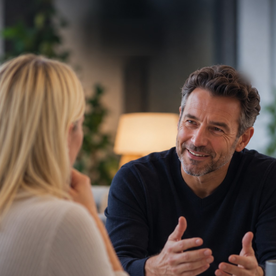 Coaching im Einzelgespräch: ein Mann erzählt lächelnd, eine Frau hört zu