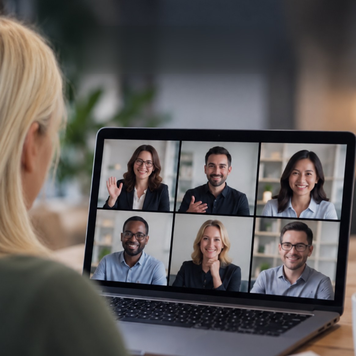 Online-Training: Videokonferenz mit sechs Teilnehmenden am Laptop