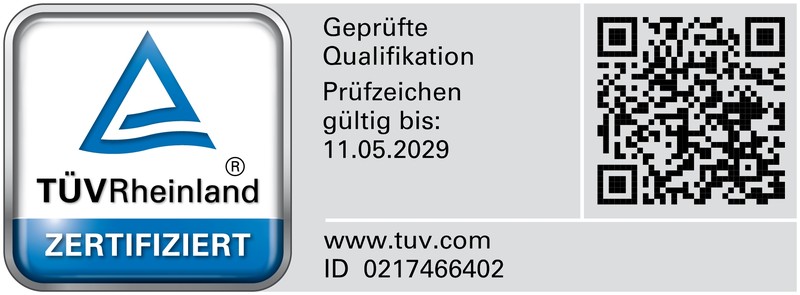 TÜV Rheinland zertifiziert – Geprüfte Qualifikation, gültig bis 11.05.2029, ID 0217466402